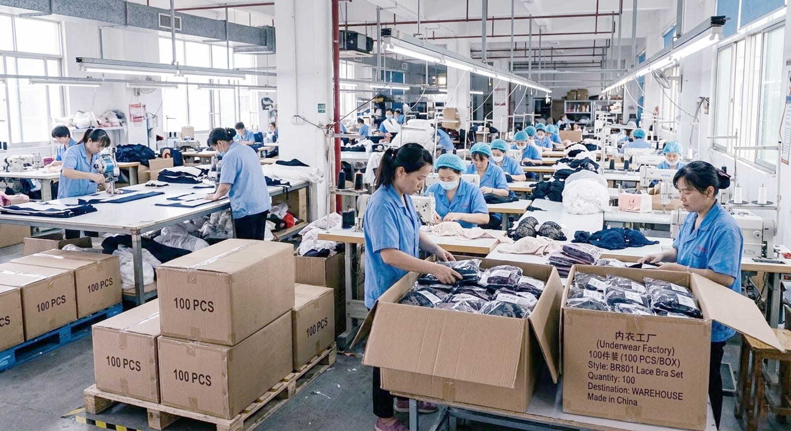 LXSC China bra factory — wholesale lingerie manufacturing line packing 100-piece MOQ orders
